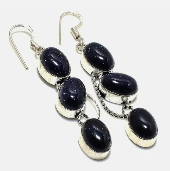 New Oversized Blue Sunstone 925 Silver Earrings. - Picture 1 of 1